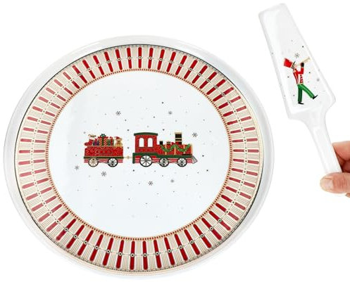 MamboCat Polar Train Tortenplatte Ø32cm mit Tortenheber I runder Porzellan-Kuchenteller mit rot-goldenem Weihnachts-Dekor I für Kekse, Cake-Pops, Cupcakes & Co