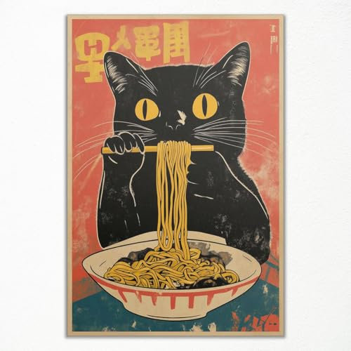 Vintage Japanische Katze Leinwand Wandkunst, Schrulliges schwarzes Katzen essendes Ramen Poster, Retro Lustiges Tier Essen Kunstdruck, Einzigartige Küche Esszimmer Wanddekoration 60x90cm ungerahmt