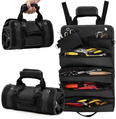 Adiwo rotolo portautensili, borsa portautensili organizer con 6 tasche, robusto rotolo portautensili in tela Oxford, per idraulici, artigiani ed elettricisti, officina garage - borsa da lavoro (nero)
