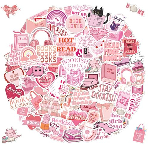Tixlux 120 Stück Buch-Sticker für Kindle, Buchliebhaber Sticker, Lustige Wasserdichte Vinyl Aufkleber für Leserinnen und Erwachsene, Wasserflasche Laptop Goodie Bag - Pink Bookish