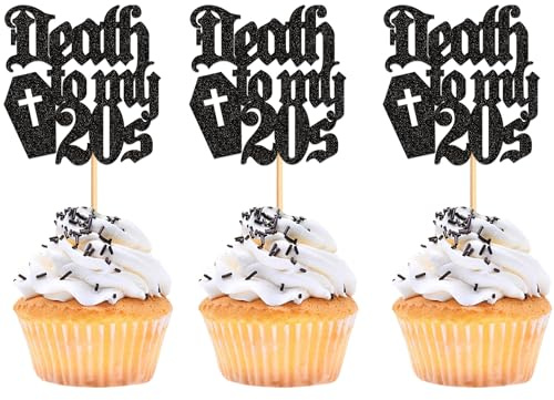 24Pcs Black Death to My 20s Cupcake Toppers Death to My Twenties Cupcake Picks for Gothic 30th Birthday Funeral 30th Birthday Anniversary Cupcake Decorations Rip to My Youth Emo Party Decorations