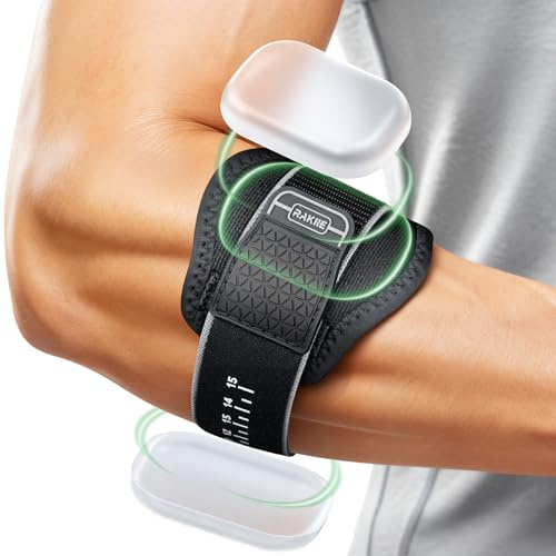 Rakiie Tennis Elbow Support Strap with Upgraded 2 Silicone Pads | Adjustable, Memory Scale 1-15, Relieves Golfers/Tennis Elbow Pain, For Sports, Daily Work, Fits Men Women, Gray
