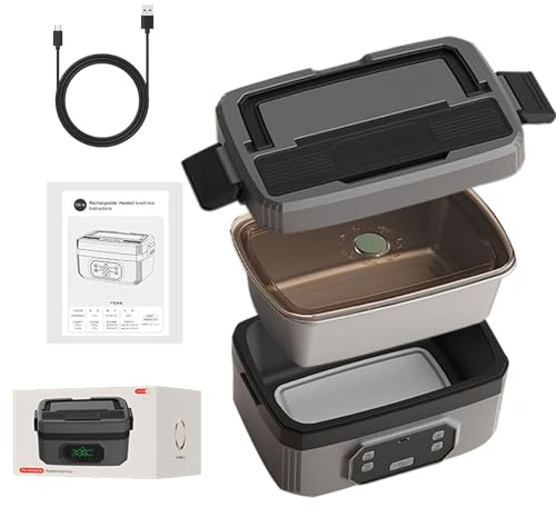 Lonchera eléctrica inteligente para hombres, lonchera térmica inalámbrica para adultos, lonchera inalámbrica para alimentos, contenedor de alimentos de 1.6 L, batería recargable de 24000 mAh