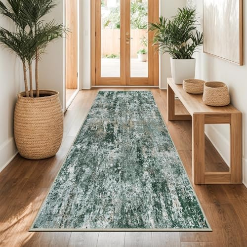 Capslpad Teppich Läufer Flur 80x200cm Grün Abstrakter Waschbar rutschfest Küchenläufer Teppich Modern Minimalistisch Kurzflor Kunstwolle Teppiche für Wohnzimmer Schlafzimmer