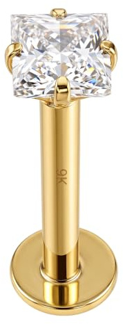 AZARIO LONDON 9K Solid Yellow Gold Claw Set Square CZ Stone Internal Threaded Top 16 Gauge Hollow Lip Labret Tragus Bar Piercing Jewellery