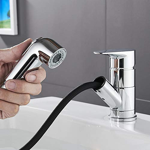 YHSGY Waschtischarmaturen Schwarz Pull-Typ Heißes Und Kaltes Wasser Wasserhahn Haushalt Bad Teleskop-Einloch-Becken Rotierenden Wasserhahn