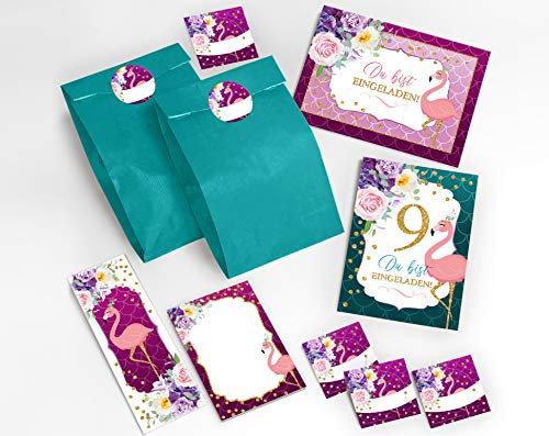 JuNa-Experten 12 Einladungskarten zum 9. Kindergeburtstag Mädchen Flamingo Einladungen zum neunten Geburtstag incl. 12 Umschläge, 12 Tüten/blau, 12 Aufkleber, 12 Lesezeichen, 12 Blöcke