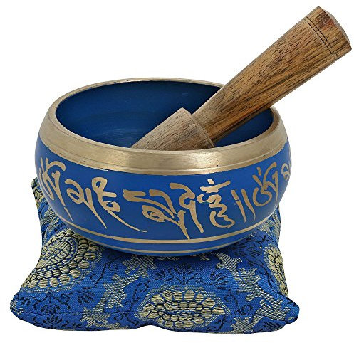 Ajuny Juego de Cuencos Tibetanos - Cuenco de Sonido de Latón Hecho a mano para Meditación con Varilla y Cojín para Yoga, Curación de Chakras y Alivio del Estrés Espirituales Regalos - Azul
