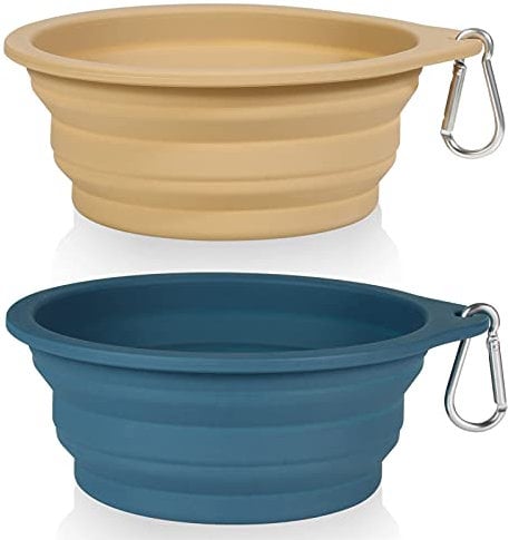SLSON 2 Pack Dog Collapsible Bowl Large Portable Dog Bowl Pet Feeding Bowl Dog Food Water Bowl Pet Travel Bowl with Carabiner for Pet Indoor and Outdoor Activity (Navy + Khaki)