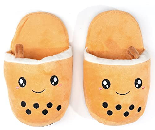 Glopastel Boba Slippers | Süßer Anime Kawaii Bubble Tea | Plüschweiche, rutschfeste Slipper aus Satin | Drinnen, Einheitsgröße, Erwachsene, Teenager, Boba-Geburtstagsgeschenke (Beige, Damen, S/M)