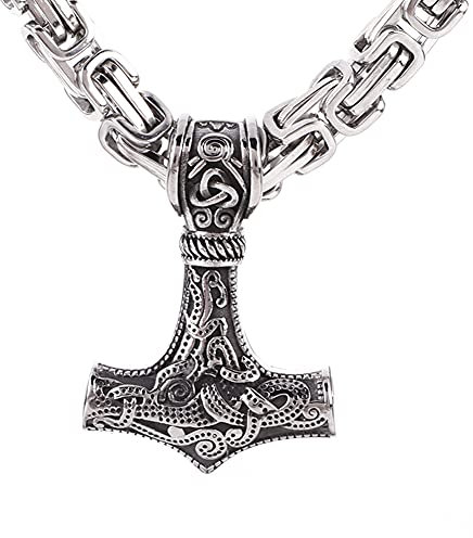 YCYR Viking Thors Hammer Halskette Für Männer Frauen, Nordischer Edelstahl Odin Keltischer Knoten Mjolnir Totem Amulett Schmuck Mit 24 Zoll Königskette,Silber