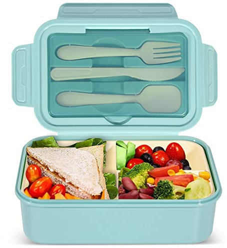 IJIAMY Bento Lunch Box, 1400ml Adult & Kids Lunch Container with 3 Compartments, Cutlery, Dishwasher Safe, BPA Free