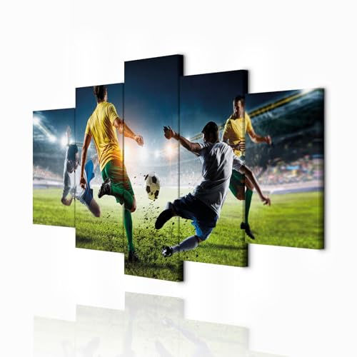 decomonkey Bilder Fußball 150x75 cm 5 Teilig Leinwandbilder Wandbild Ball | Strukturleinwand, Holzkeilrahmen, Bild auf Leinwand, Kunstdruck, Wanddeko, Wohnzimmer, Wanddekoration, Kinderzimmer, Gras