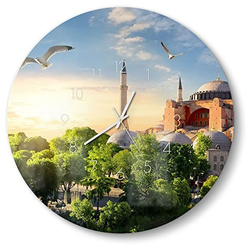 DEQORI Glasuhr | rund Ø 50 cm | Motiv Hagia Sophia am Abend | große XXL Design Uhr aus Glas | leise Wanduhr für Wohnzimmer & Küche | Moderne Hingucker Uhr für die Wand