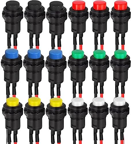 RUNCCI-YUN 18 pcs 12V Interruttore Pulsante Rontondo,Mini Pulsanti,12mm Pulsante Interruttore Autobloccante,pulsanti da pannello per DIY auto,Campanello,Barca (rosso,nero,blu,verde,giallo,bianco)