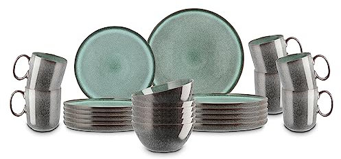 Peill+Putzler Germany 24-teiliges Kombiservice in grün aus Steinzeug, rundes Geschirr für 6 Personen, 6x Dessertteller, 6x Speiseteller, 6x Kaffeebecher, 6x Schalen, spülmaschinenfest