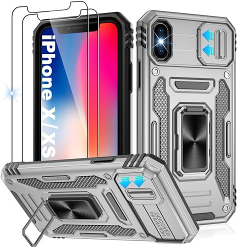 Jshru Lot de 2 coques pour iPhone X avec protecteur d'écran et protection d'appareil photo coulissante, coque antichoc pour iPhone XS, anneau béquille pour iPhone X/XS, gris
