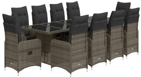vidaXL Garten Bistroset 11-TLG., Balkonset mit Kissen, Gartenmöbel Tisch 10 Verstellbare Stühle, Balkonmöbel Sitzgruppe Gartengarnitur, Grau Poly Rattan