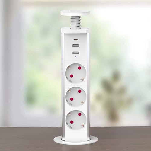 LEUTED 3 Fach Versenkbare Steckdose mit USB C PD 20W, Einbausteckdose mit 3 USB, Versteckte Tischsteckdose mit 1,8m Kabel, Steckdosenleiste für Küche Büro, Ø 60mm, Weiß