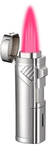 Briquet en métal, fenêtre de visualisation du carburant, multifonction. Flamme à jet quadruple rose, briquet à flamme réglable, briquet au butane, briquet coupe-vent portable for l'extérieur, cadeau(S