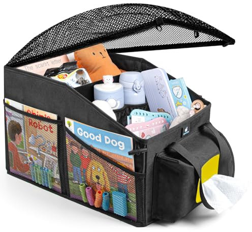 Termichy Auto Rücksitz Organizer Faltbar: Auto Organizer mit Netzabdeckung für Sichere Reisen mit Kindern - Großer Stauraum Aufbewahrungsbox für Kinderspielzeug, Trinkflaschen und Snacks