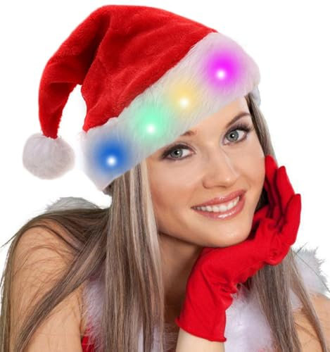 HPONEZJ Weihnachtsmütze mit Licht Nikolausmütze Plüsch Weihnachtsmann Mütze LED Weihnachtsfeier Partyhut Rot Samt Weihnachtshut Santa Nikolaus Cap Beleuchtet Nikolausmütze für Weihnachten Party Bunt