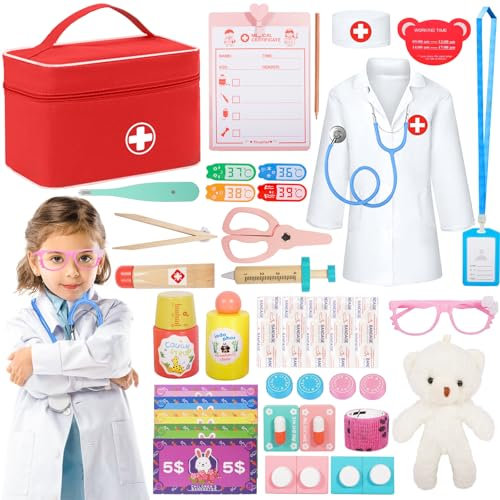 PQETBV Arztkoffer Kinder Holz, Kinder Arztkoffer Holz mit Stethoskop, Arztkittel Doktor Spielset Rollenspiel Kit Geschenke für Kinder ab 3 4 5 Jahren