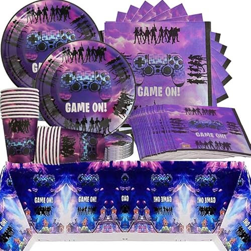 Doyomtoy 61PCS Fortnite Vaisselle de fête, fête d'anniversaire pour enfants, vaisselle de fête, y compris tasses, assiettes, nappes, serviettes en papier, idéal pour les fêtes de jeux (20 personnes)