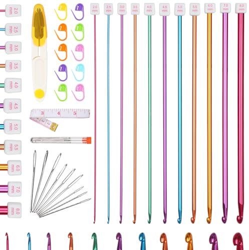 Reessy 32 Pcs Tunisian Crochet Hooks Set, 27 cm Long Aluminium Tunisian Crochet Hook, 11 Sizes 2.0-8.0 mm Afghan Tunisian Crochet Needles Set for Beginners Adults