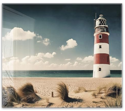 Herdabdeckplatte 60x52 cm einteilig – Leuchtturm, Strand, Dünen, Maritimes Motiv mit Leuchtturm & Strand | ESG Glas Ceranfeldabdeckung, Schneidebrett, Abdeckplatte, Herd, Induktion, Küche