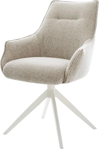 DELIFE Esszimmerstuhl Alja-Flex mit Armlehnen Kreuzgestell breit Weiß Webstoff Soft Beige 360° drehbar Wippfunktion Taschenfederkern