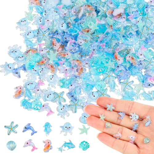 200 Stück Süße Miniatur Meerestiere Mehrfarbige Mini Harz Tierfiguren Ozean | Mini Meerestiere Figuren, Harz Ozean Tiere Dekoration, Kunstharz Ornamente für Miniatur Landschaftsgärten und Aquarien