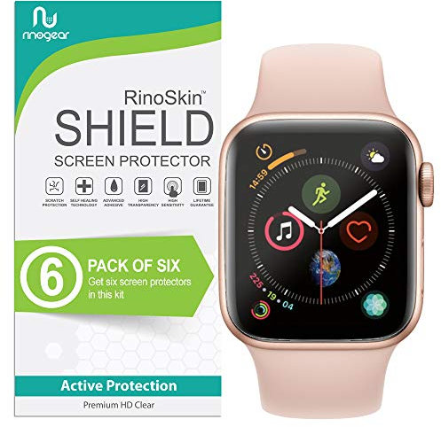 RinoGear Paquete de 6 protectores de pantalla para Apple Watch de 1.57 pulgadas (Series 6, 5, 4 SE), compatible con fundas, para Apple Watch Series 6, 5, 4, SE de 40 mm, accesorio de cobertura