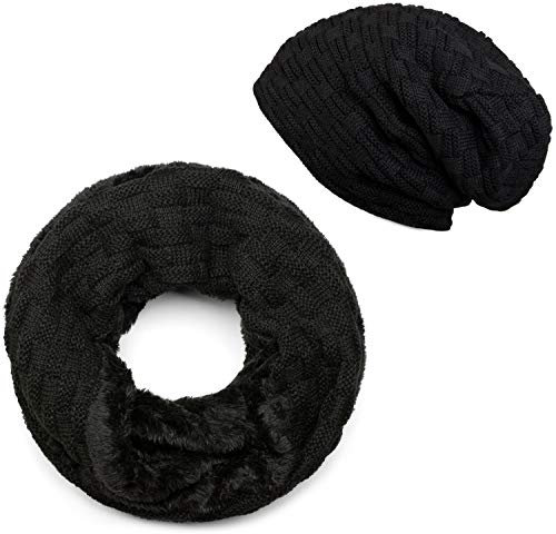styleBREAKER Strick Loop Schal und Beanie Mütze Set mit Flecht Muster, Fleece Innenfutter, Winter, Unisex 01018211, Farbe:Schwarz