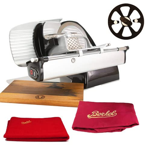 Berkel Aufschnittmaschine - Home Line 200 Plus - Elektrische Schneidemaschine in schwarz – Neues Modell + 100% handgefertigtes Schneidebrett Unikat & Original Berkel Abdeckung