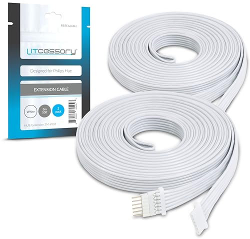 Litcessory Extension Cable for Philips Hue/Solo Lightstrip (3m, 2 Pack, White - MICRO 6-PIN V4 / Solo Lightstrip)