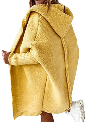 Minetom Damen Strickjacke Frauen Cardigan Kapuzenpullover Lose Warm Herbst Winter Lang Strickcardigan Jacke Mantel mit Kapuze Gelb L