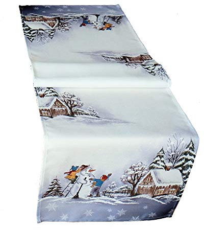 Raebel OHG Tischwäsche Druck Kinder mit Schneemann bunt Weihnachten Winter (40 x 85 cm)