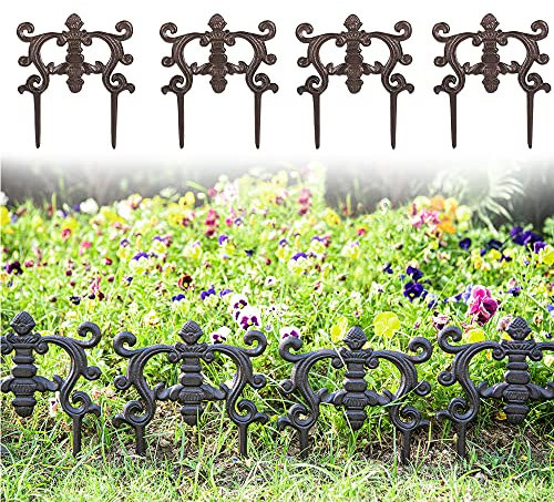 Sungmor Lot de 4 petites clôtures de jardin en fonte de 23,9 cm - Bordure basse - Joli motif marron antique - Panneau décoratif en métal pour pelouse, parterres de fleurs