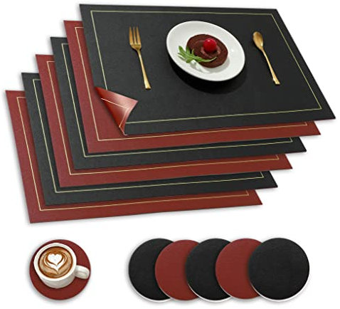 Paiouda Tischsets Abwaschbar 6er Set Platzsets Abwischbar Tischset Leder Hitzebeständig Doppelseitigen rutschfest Platzdeckchen Lederoptik Tischuntersetzer mit Untersetzer, Schwarz+Dunkelrot, 43x30cm
