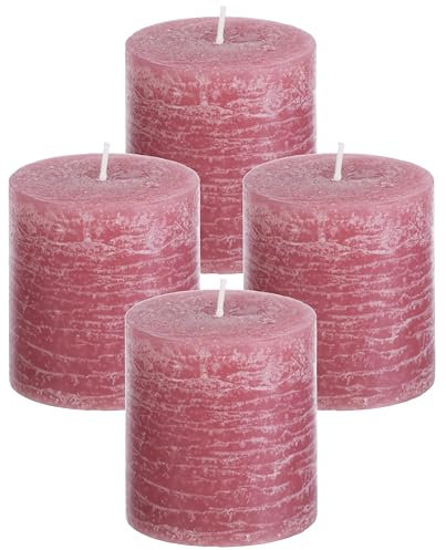Brandsseller 4er Set Stumpenkerzen 7x7,5 cm – durchgefärbt & aus Paraffin – rustikale Kerzen mit langer Brenndauer – Dekokerzen für Tischdeko, Weihnachten & Feste – Altrosa