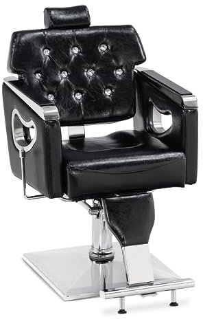Barberpub Friseurstuhl mit Kopfstütze, Barber Stuhl mit Hydraulikpumpe, Friseursessel Höhenverstellbar, 360°Drehbar & Kippbar, Friseureinrichtung Retro Vintage, Kunstleder, 8132(Schwarz)