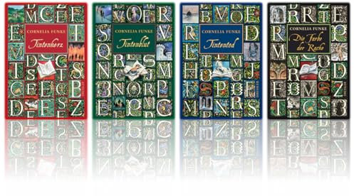 Cornelia Funke | Die Tintenwelt-Reihe Band 1-4 | Tintenherz + Tintenblut + Tintentod + Die Farbe der Rache + Exklusive Stofftasche