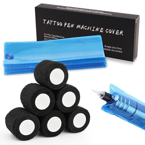 206 Stück Tattoo Griff Abdeckung und Tattoo Stift Taschen Zubehör Set, Rayyl 6 Rollen Tattoo Grip Tape und 200pcs Tattoo Pen Cover für Tattoo Zubehör