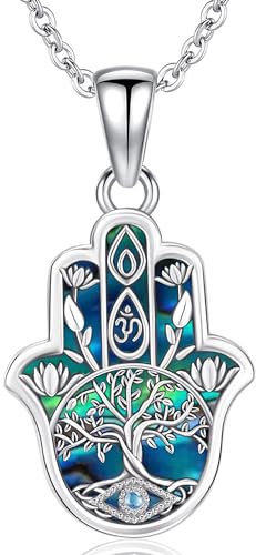 Fatima Hand Kette Silber 925 Baum des Lebens Halskette Damen Fatma Hand Anhänger Kette mit Blaue Auge Lebensbaum Fatimas Hand Schmuck für Damen Frauen