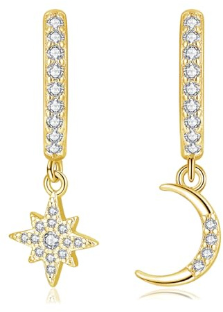 Zolkamery Creolen Ohrringe Silber Hängend für Damen, 925 Sterling Silber Creolen Ohrhänger Set mit Zirkonia, Hypoallergen Hängeohrringe mit Mond Stern Herz Anhänger, Kreolen Ohrringe mit Geschenkbox