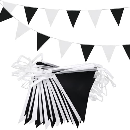 ADQUATOR 20m 52pcs Black White Pennant Bunting,Double Sided Reusable Polyester Fabric Two-tone Triangle Flags Banner for Indoor Outdoor Birthday Party Decorations