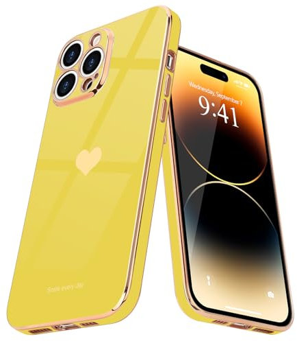 Teageo for iPhone 14 Pro Max Case Cute Heart Pattern for Women Girls Slim Luxury Bling Plating Soft TPU Anti-Scratch Shockproof Bumper Phone Case for iPhone 14 Pro Max, Yellow