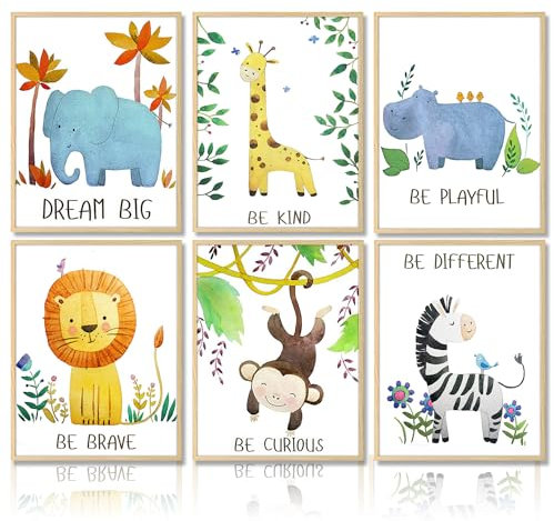 Dazzlewall Cartoon Safari Tiere Kunstdrucke Poster Inspirierende Zitate Wandbilder für Kinderzimmer Kinderzimmer Dekor 20X25 cm Ohne Rahmen 6er Set