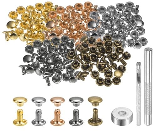 sourcing map 100 Sets Leather Rivets 6mm x 6mm Metal Double Cap Rivet Snaps Studs Fasteners with 3pcs Setting Tools Rivets for Leather Craft DIY Repair Decoration, Multi Colors
